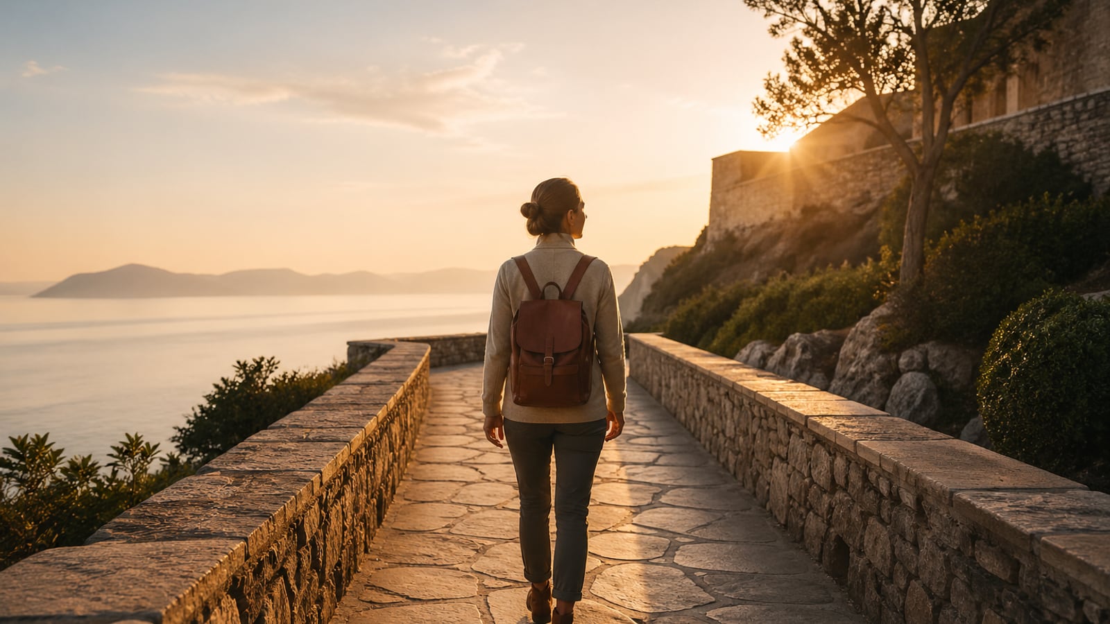 Person walking along a coastal stone path at sunset.