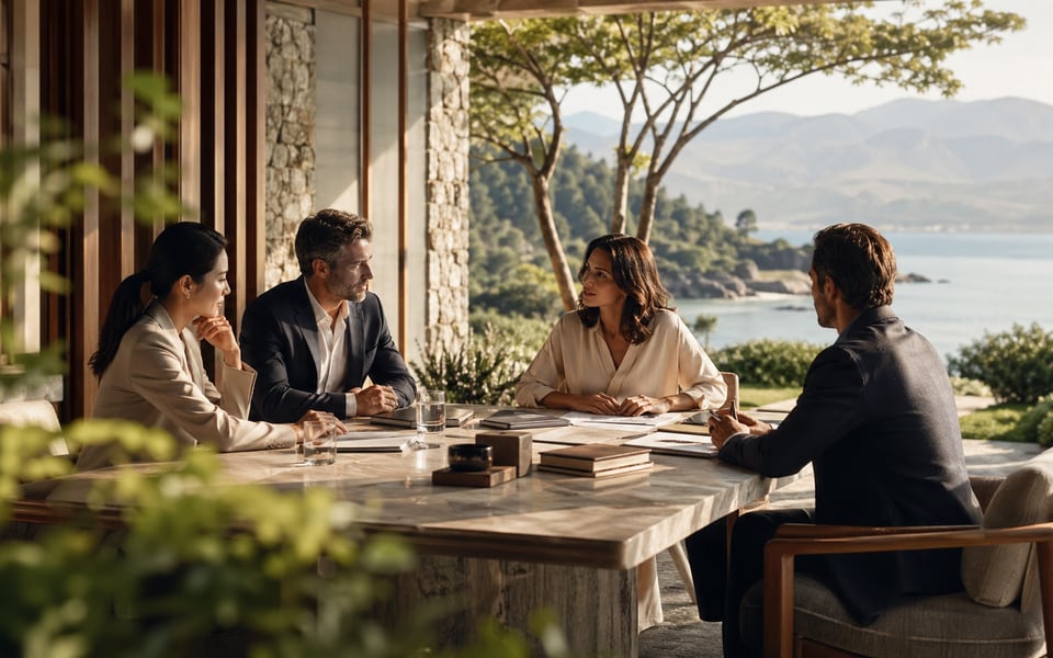Business team meeting at a table overlooking a coastal landscape.