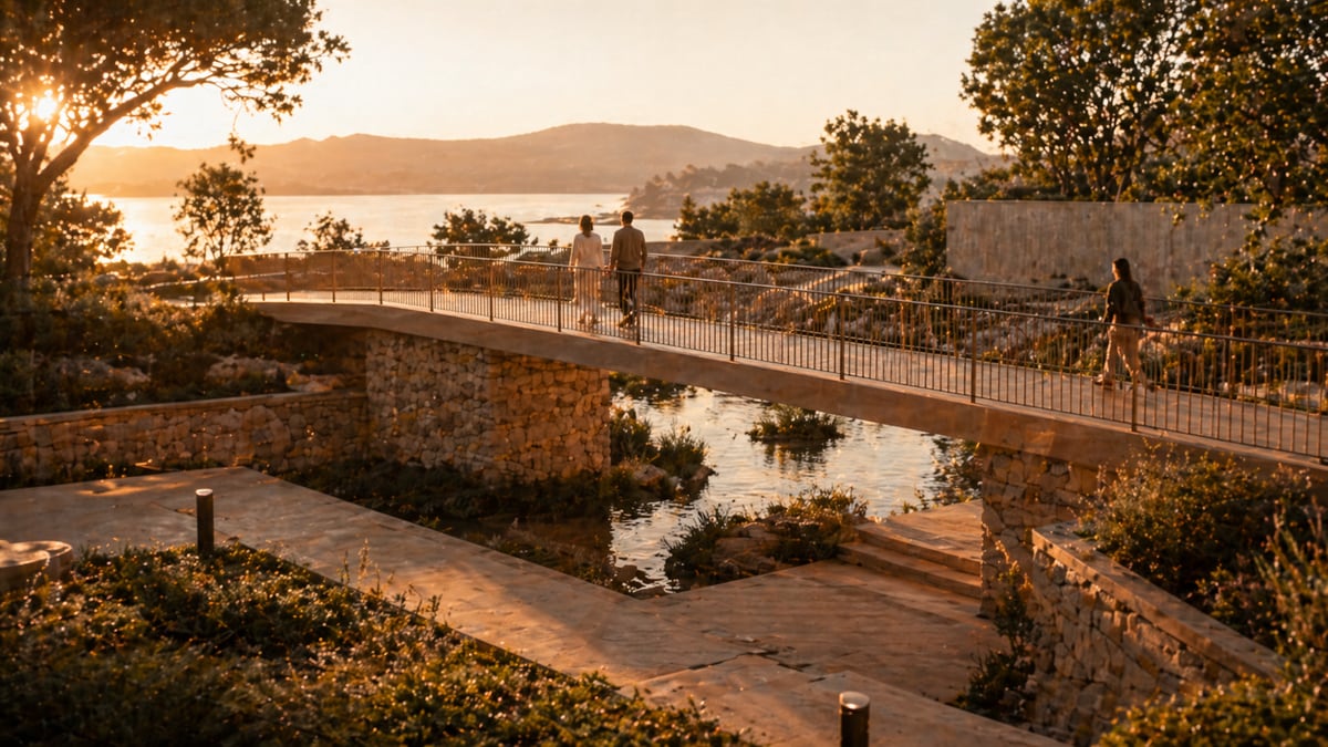 People walking across a bridge over water in a coastal landscape at sunset.