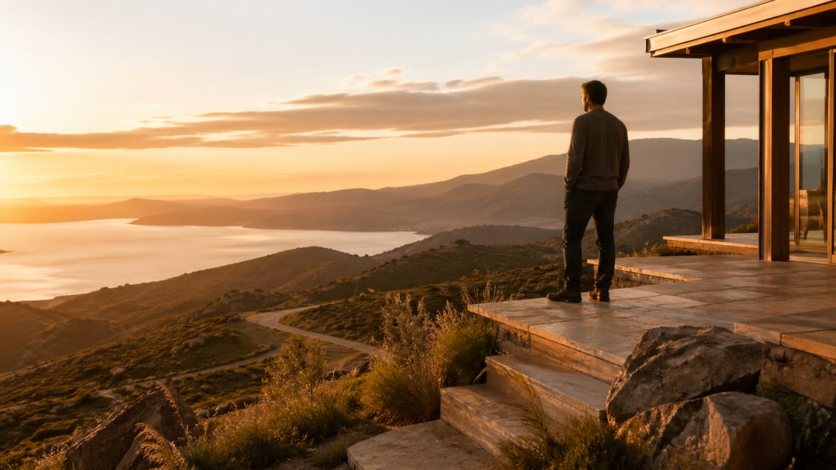 Person standing on a terrace overlooking a coastal landscape at sunset.