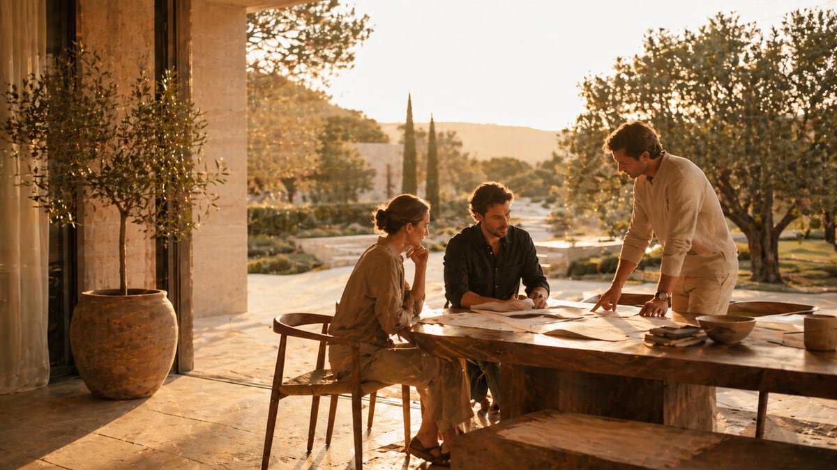 Three people reviewing documents together at an outdoor table in warm evening light.